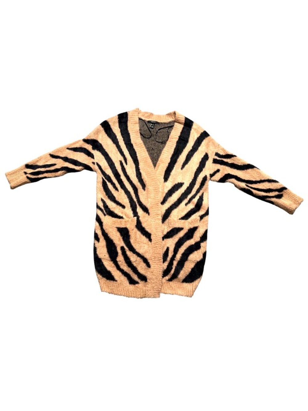 Forever 21 Size Small Beige Black Zebra Cardigan Fuzzy Longline Glam Grunge Cozy - Picture 8 of 10